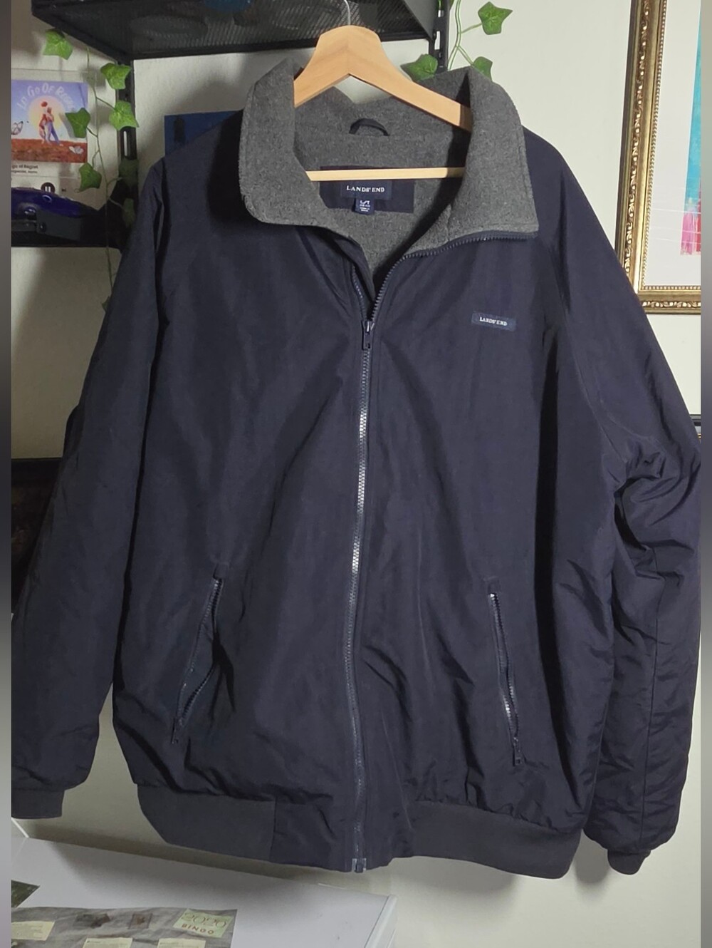 Vintage Lands' End Classic Squall Jacket Navy Blue Fleece Size